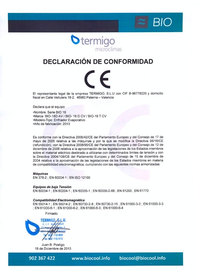 Certificados de los equipos Biocool